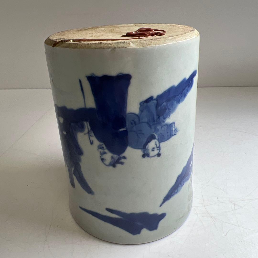 中国美術　青花人物画筆筒　高さ12.7㎝　東Y8-0224②タカサ