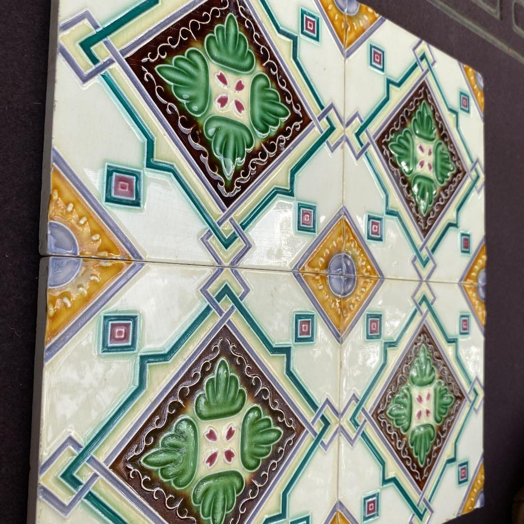 ハンドメイド日本製アンティークマジョリカタイル②４枚セット☆美の壷　プラナカン