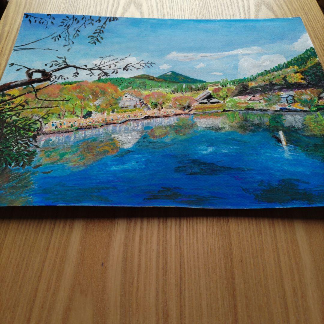 静かな水辺の秋景色 アクリル原画 F6 Watson紙