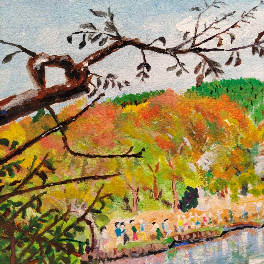 静かな水辺の秋景色 アクリル原画 F6 Watson紙