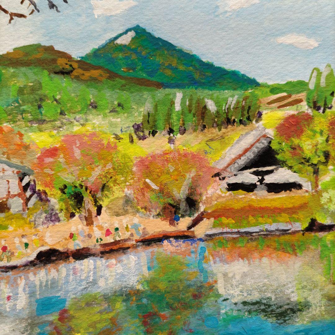 静かな水辺の秋景色 アクリル原画 F6 Watson紙
