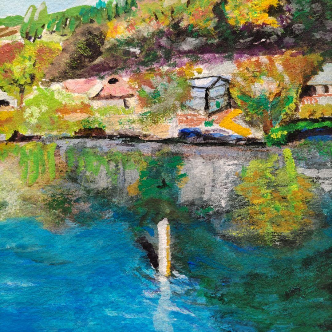 静かな水辺の秋景色 アクリル原画 F6 Watson紙