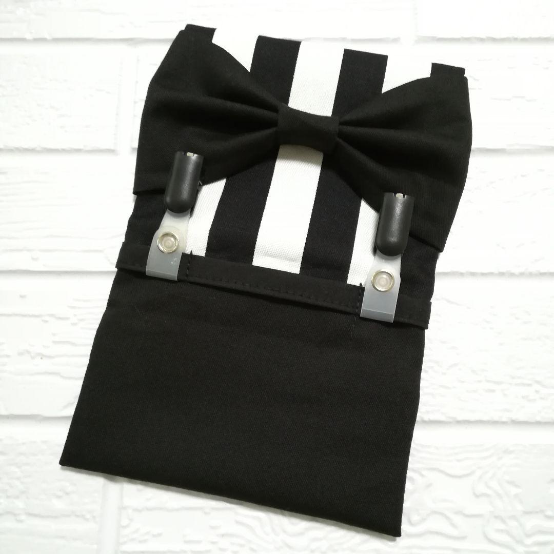 ストライプ ブラック大きなリボン☆クリップ付 ☆ 移動ポケット ☆ ハンドメイド