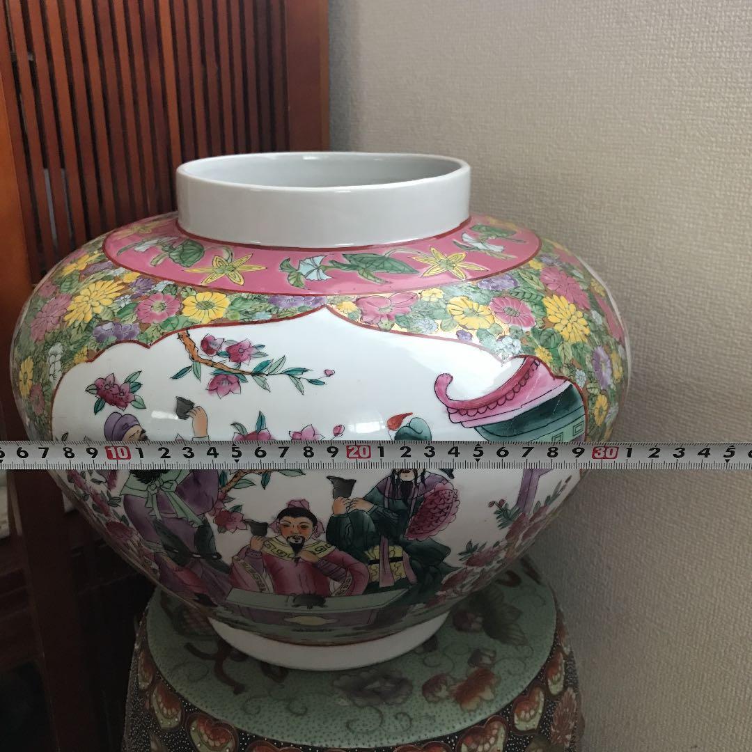 中国美術　壺　特大　粉彩　三国志　花鳥紋　清朝　古美術　骨董品　年代品