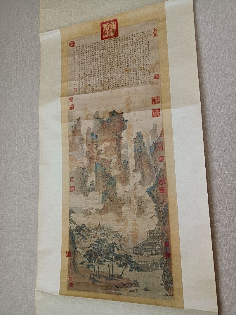 レア 仇英 軸 おもてなし 開運 絵 滝 山水 城 中国 美術 骨董 インテリア