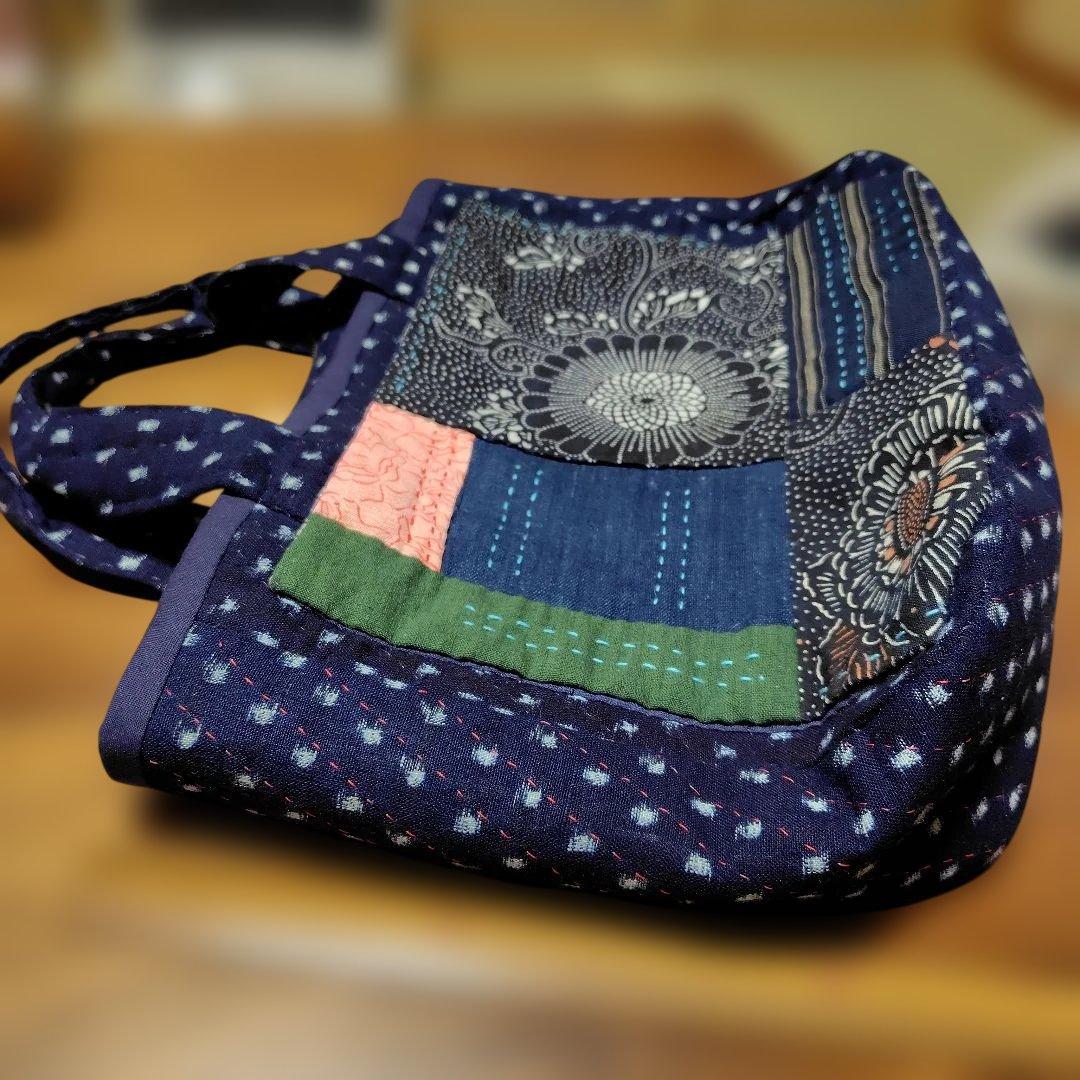 古布　雪ん子絣の大きめトートバッグ　全て手縫い　一点物