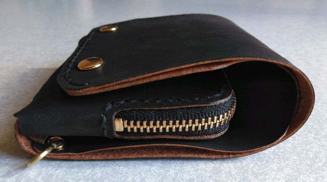 茶芯 丘染め★スマート・トラッカーウォレットＬ改　ブラック★栃木レザーヌメ革