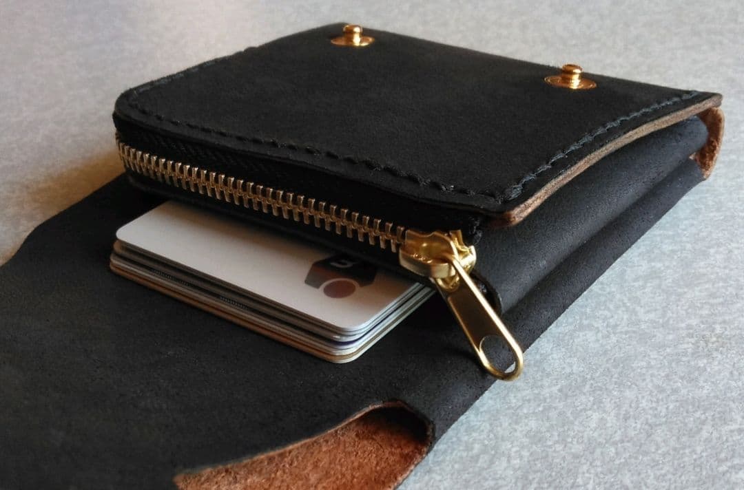 茶芯 丘染め★スマート・トラッカーウォレットＬ改　ブラック★栃木レザーヌメ革