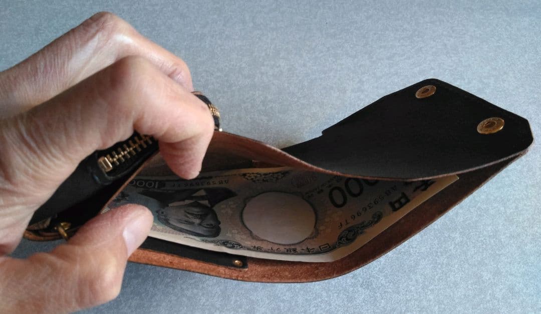 茶芯 丘染め★スマート・トラッカーウォレットＬ改　ブラック★栃木レザーヌメ革