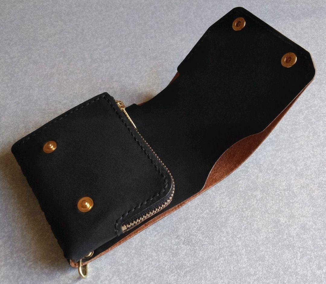 茶芯 丘染め★スマート・トラッカーウォレットＬ改　ブラック★栃木レザーヌメ革