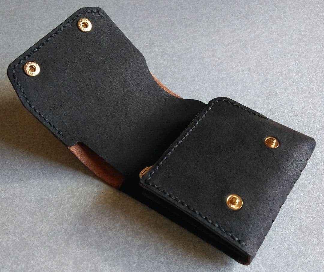 茶芯 丘染め★スマート・トラッカーウォレットＬ改　ブラック★栃木レザーヌメ革