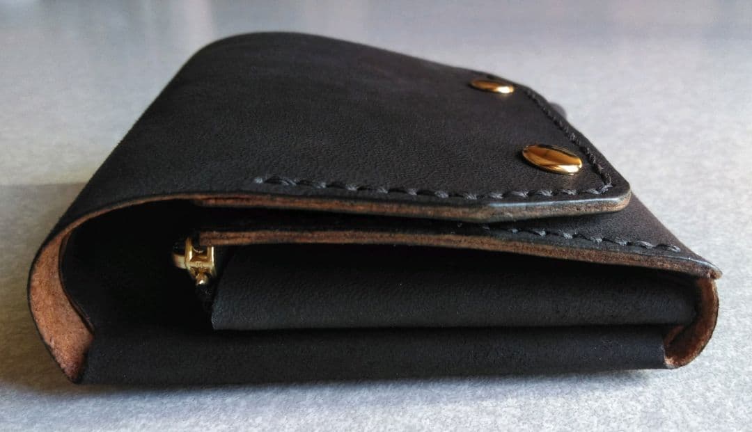 茶芯 丘染め★スマート・トラッカーウォレットＬ改　ブラック★栃木レザーヌメ革