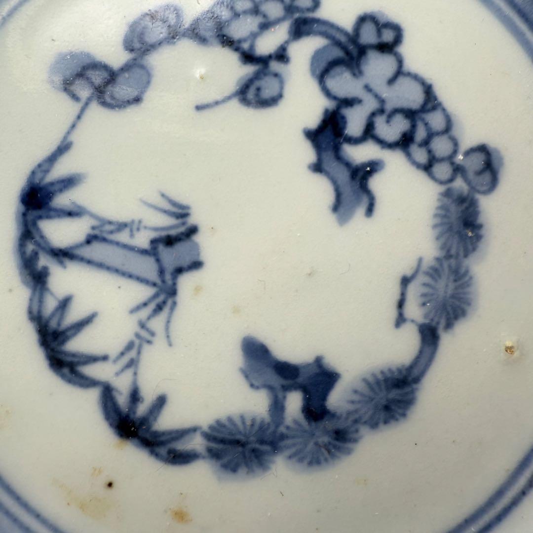 江戸期　渦福　藍柿右衛門　染付松竹梅山水図八角皿　九客　裏唐草文様