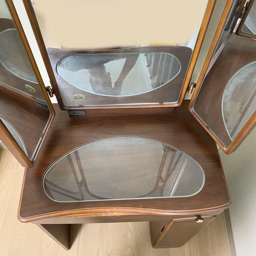 三面鏡　天然木　ドレッサー　オーク　レトロ　板ガラス　コンセント付き　高級家具