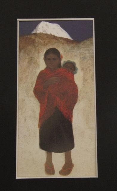 國府克、【子守図】、希少な大判額装用画集より、美品、日本人画家、新品額装付