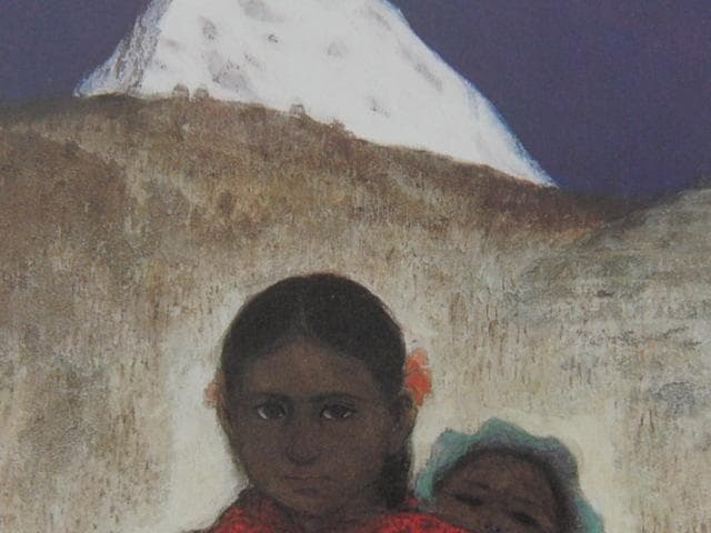 國府克、【子守図】、希少な大判額装用画集より、美品、日本人画家、新品額装付