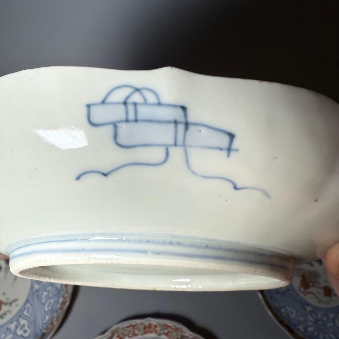 古伊万里　色絵瓢箪文様七寸輪花形皿　6枚　金蘭手　七宝文　唐獅子　21cm　珍品