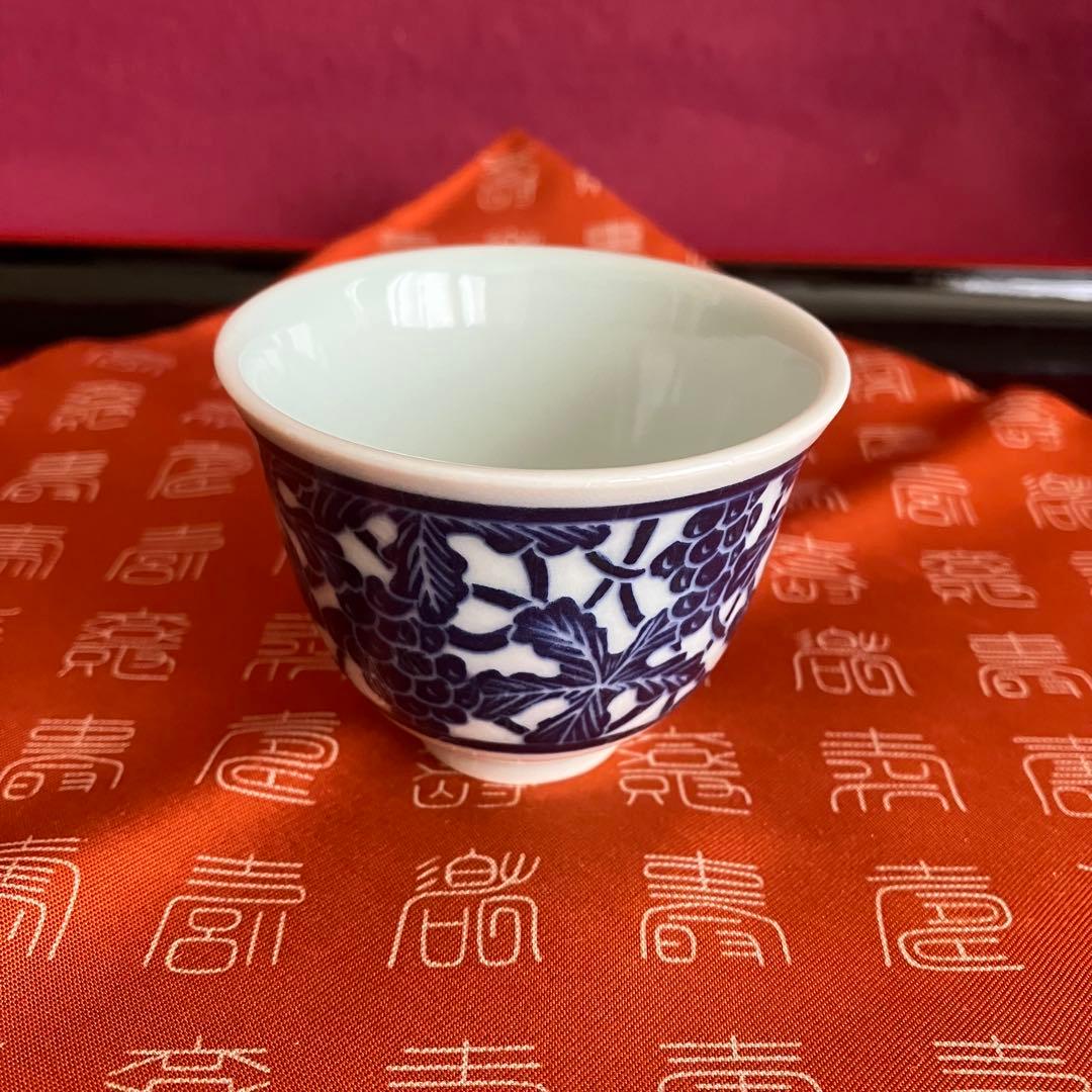 新品未使用 青華白磁透刻葡萄文煎茶器 5客揃