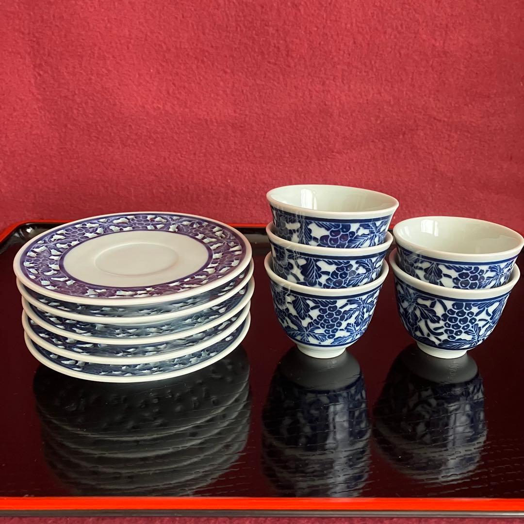 新品未使用 青華白磁透刻葡萄文煎茶器 5客揃