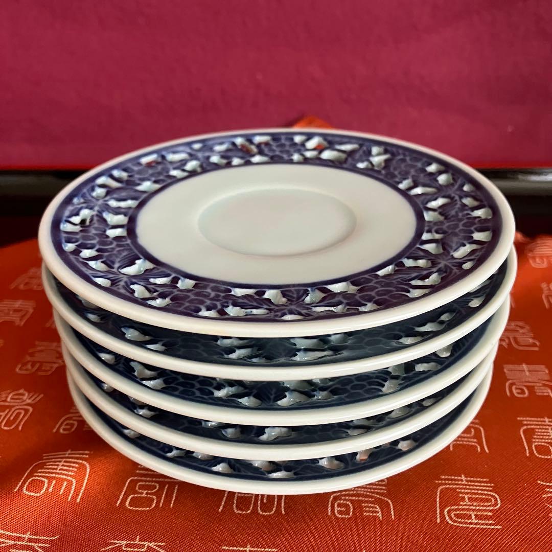 新品未使用 青華白磁透刻葡萄文煎茶器 5客揃