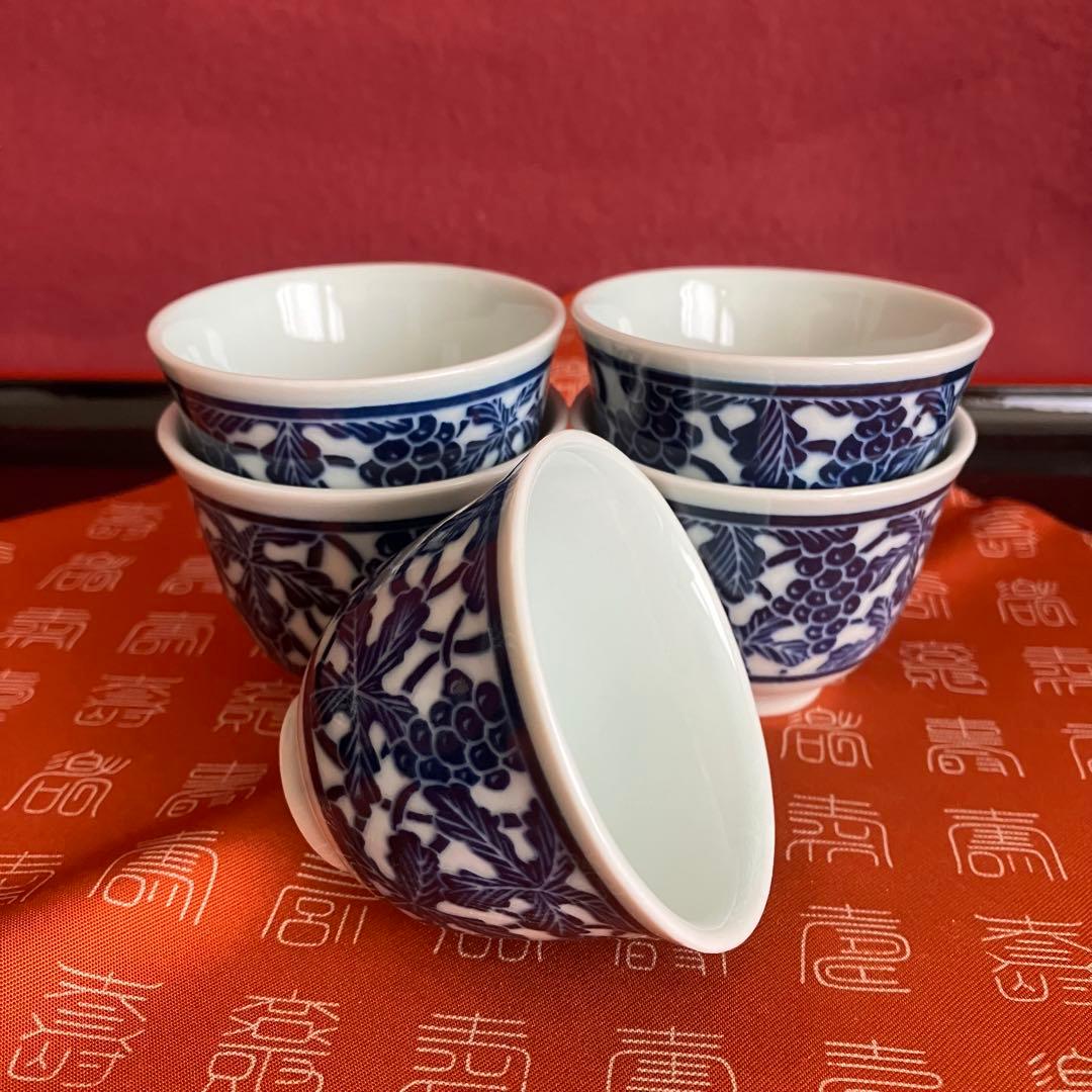 新品未使用 青華白磁透刻葡萄文煎茶器 5客揃