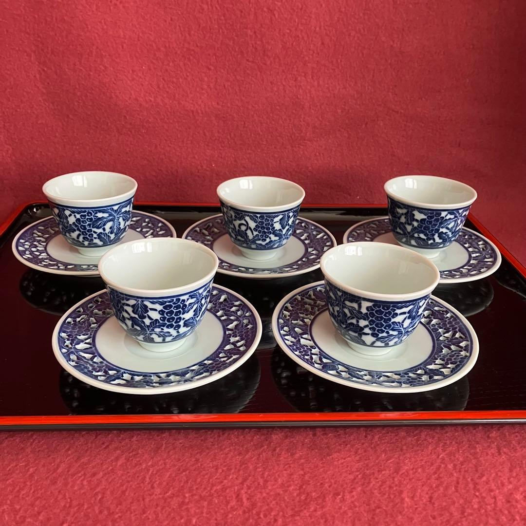 新品未使用 青華白磁透刻葡萄文煎茶器 5客揃