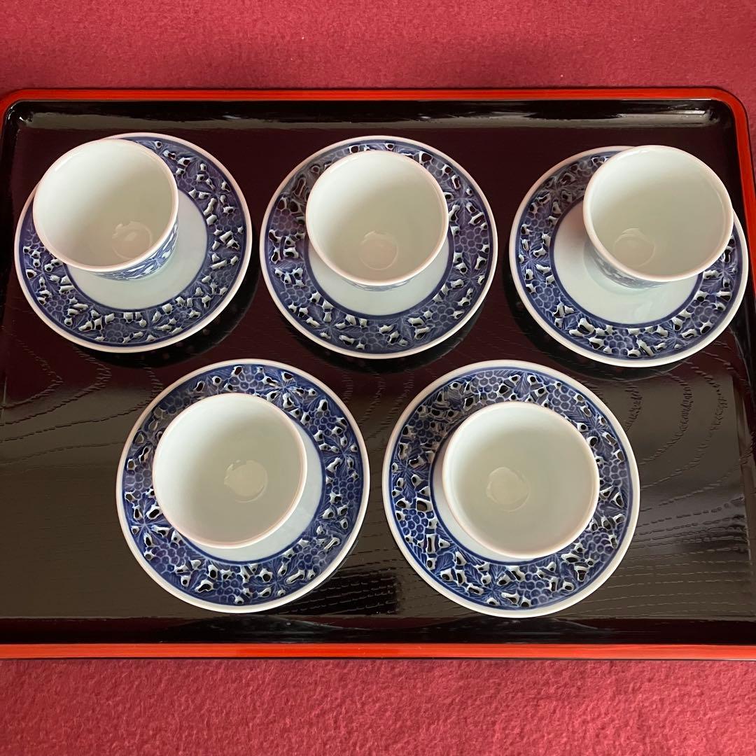 新品未使用 青華白磁透刻葡萄文煎茶器 5客揃