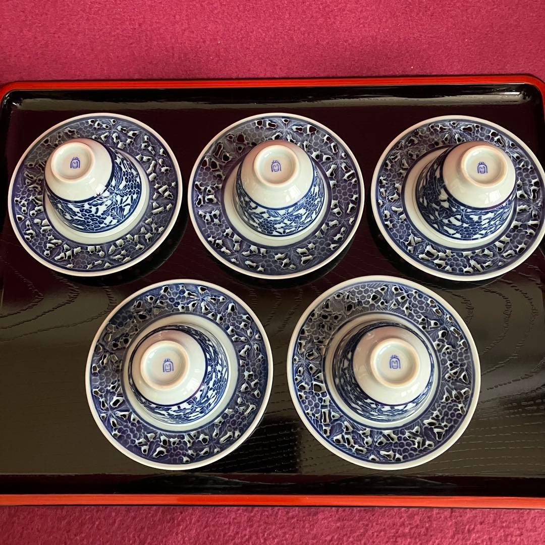 新品未使用 青華白磁透刻葡萄文煎茶器 5客揃