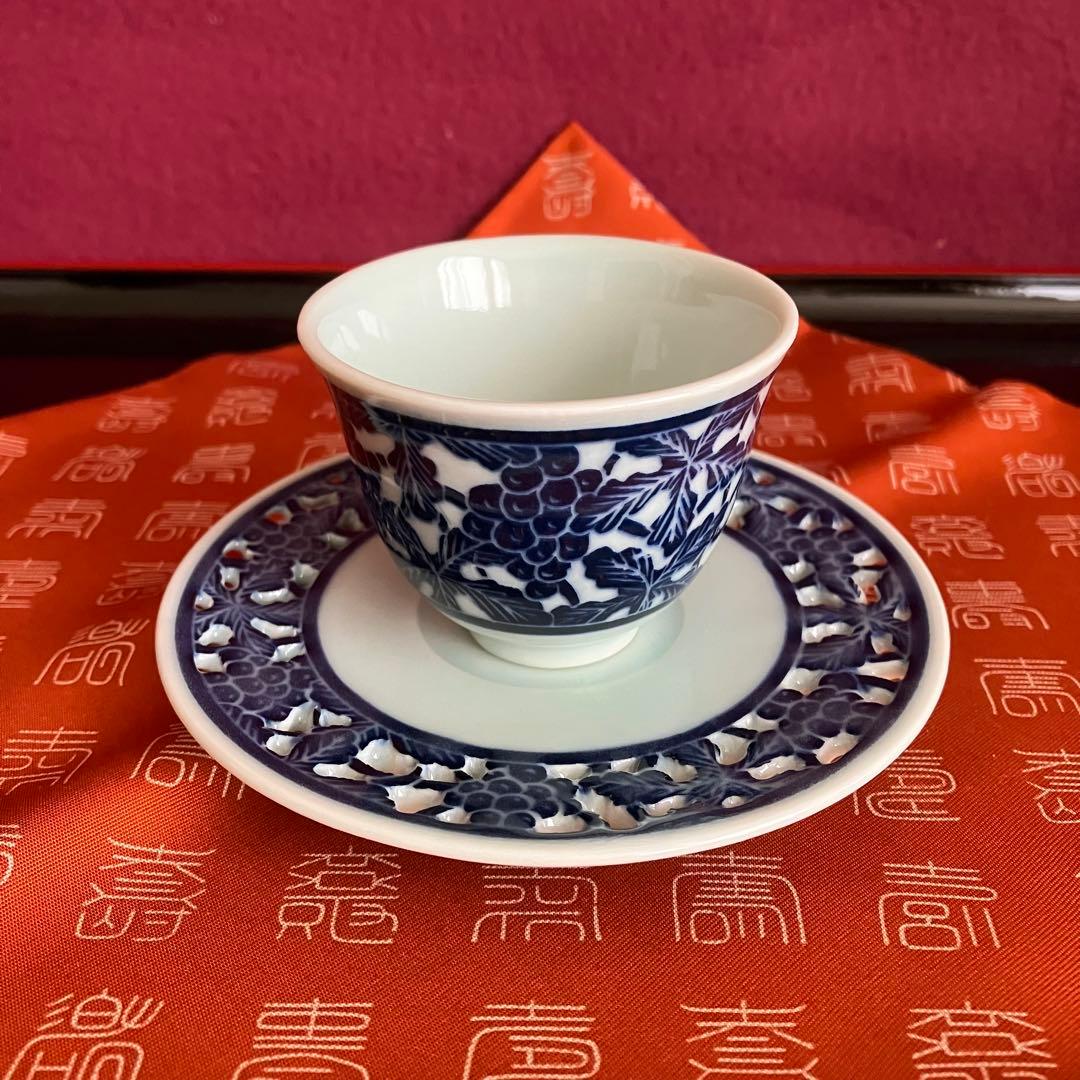 新品未使用 青華白磁透刻葡萄文煎茶器 5客揃