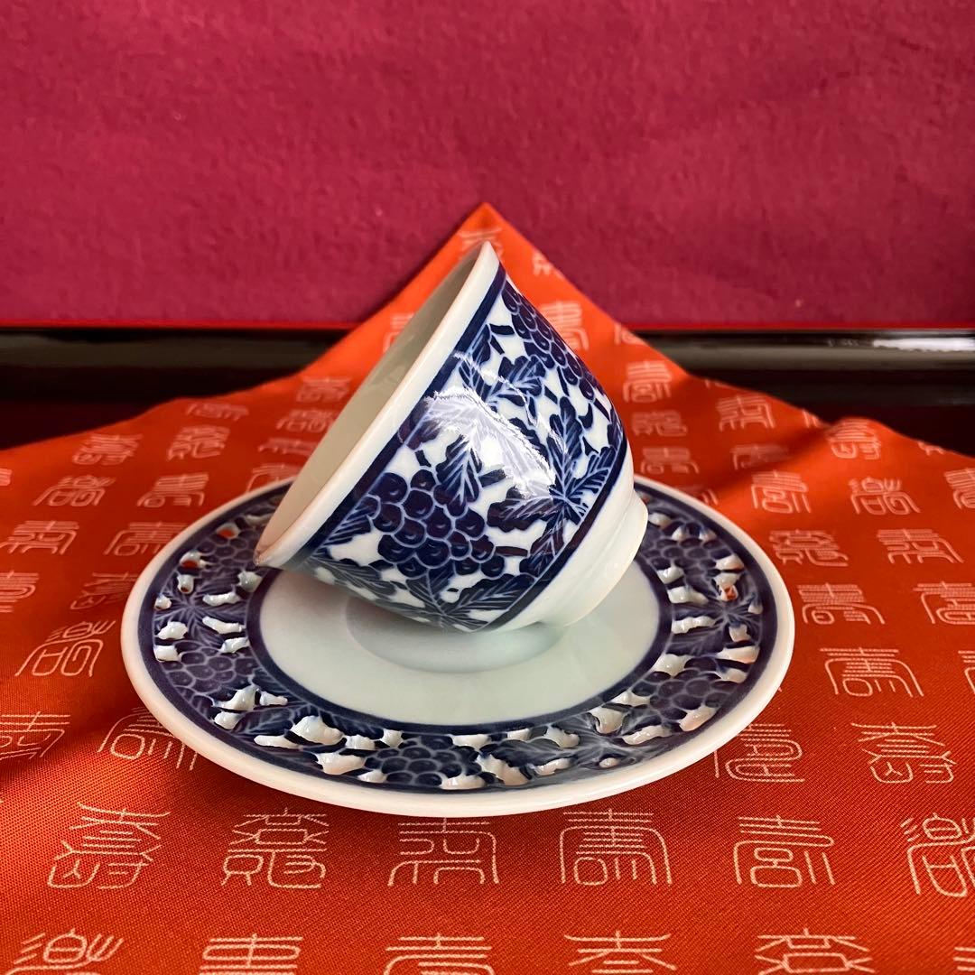 新品未使用 青華白磁透刻葡萄文煎茶器 5客揃