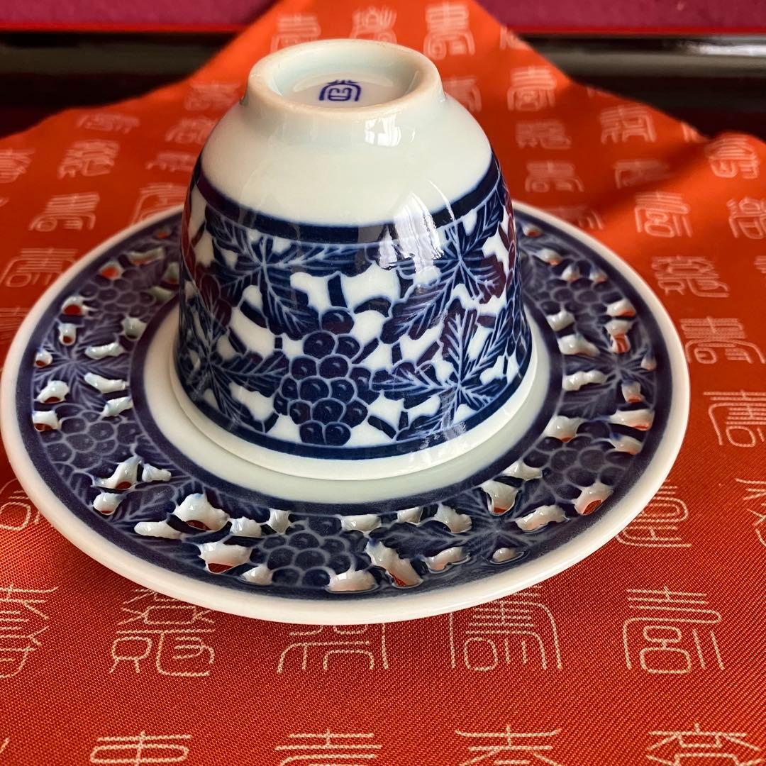 新品未使用 青華白磁透刻葡萄文煎茶器 5客揃