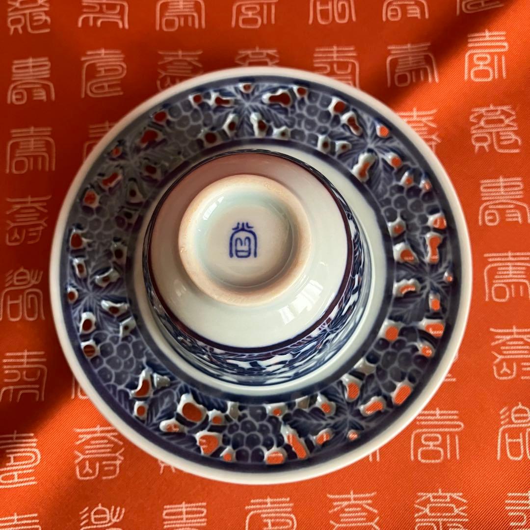 新品未使用 青華白磁透刻葡萄文煎茶器 5客揃