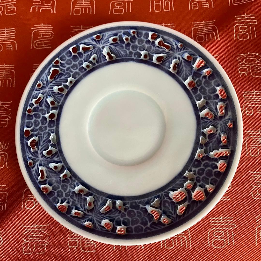 新品未使用 青華白磁透刻葡萄文煎茶器 5客揃