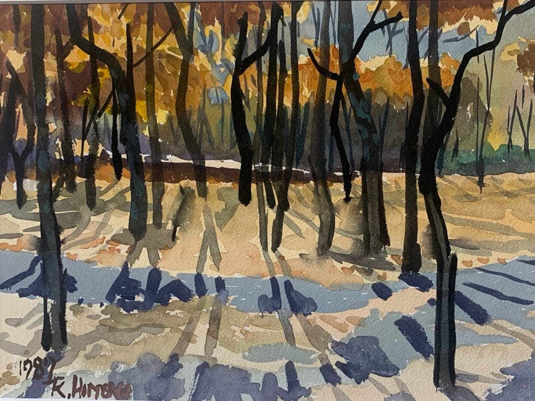 絵画　水彩肉筆画　真作　姫野陸郎『秋の風景画』1987年作