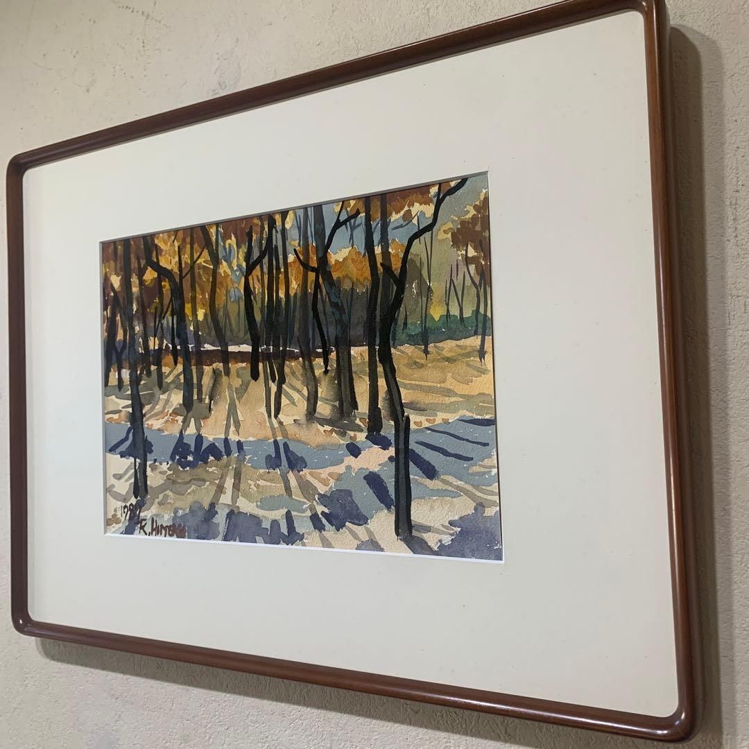 絵画　水彩肉筆画　真作　姫野陸郎『秋の風景画』1987年作