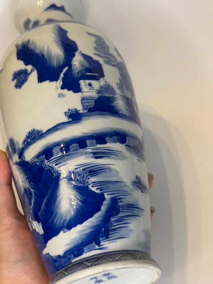 希少品 中国古董 骨董清時代 染付風景花瓶 康熙年製在銘 花器 香道具 茶道具
