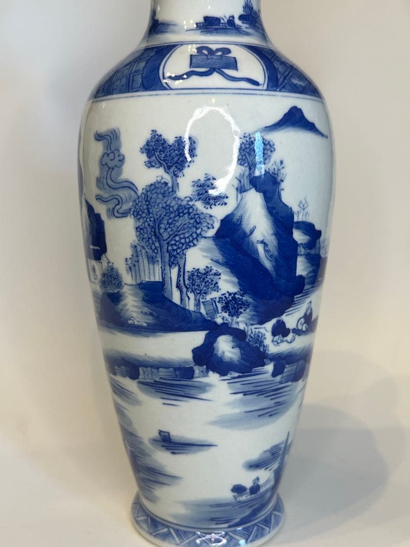 希少品 中国古董 骨董清時代 染付風景花瓶 康熙年製在銘 花器 香道具 茶道具