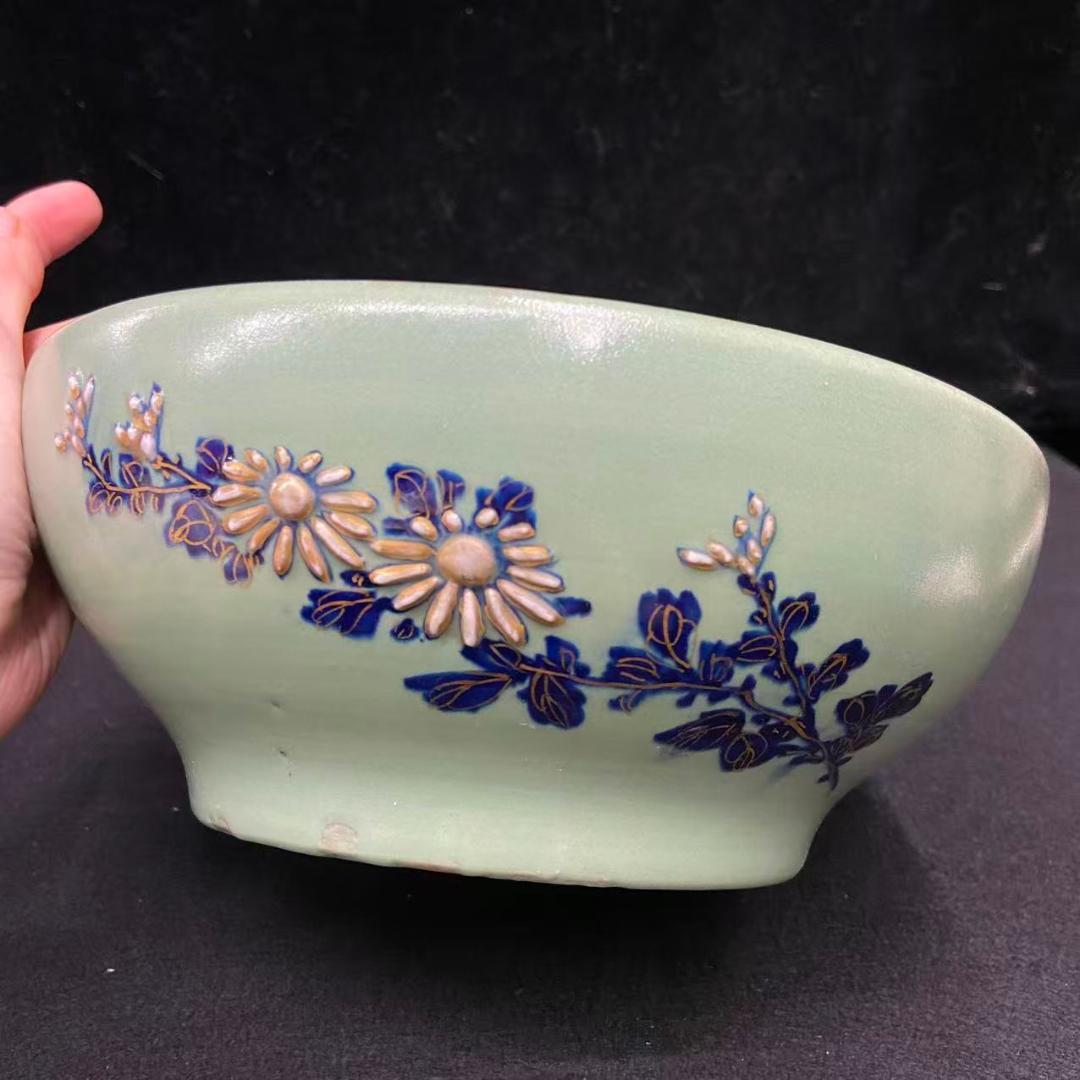 色絵青磁中鉢 明治時代後期　在銘明治年制　蘭　アンティーク