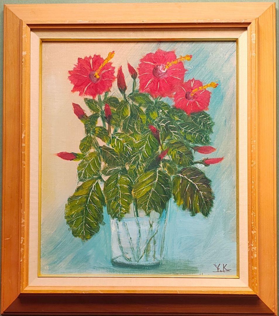 【F8原画2枚セット】季節で替える油彩画 紫陽花とハイビスカス 木製額縁付き