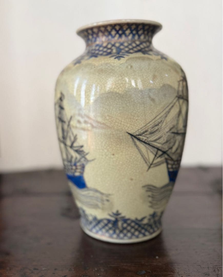 スウェーデン アンティーク花瓶｜帆船図 クラックル釉 北欧ヴィンテージ