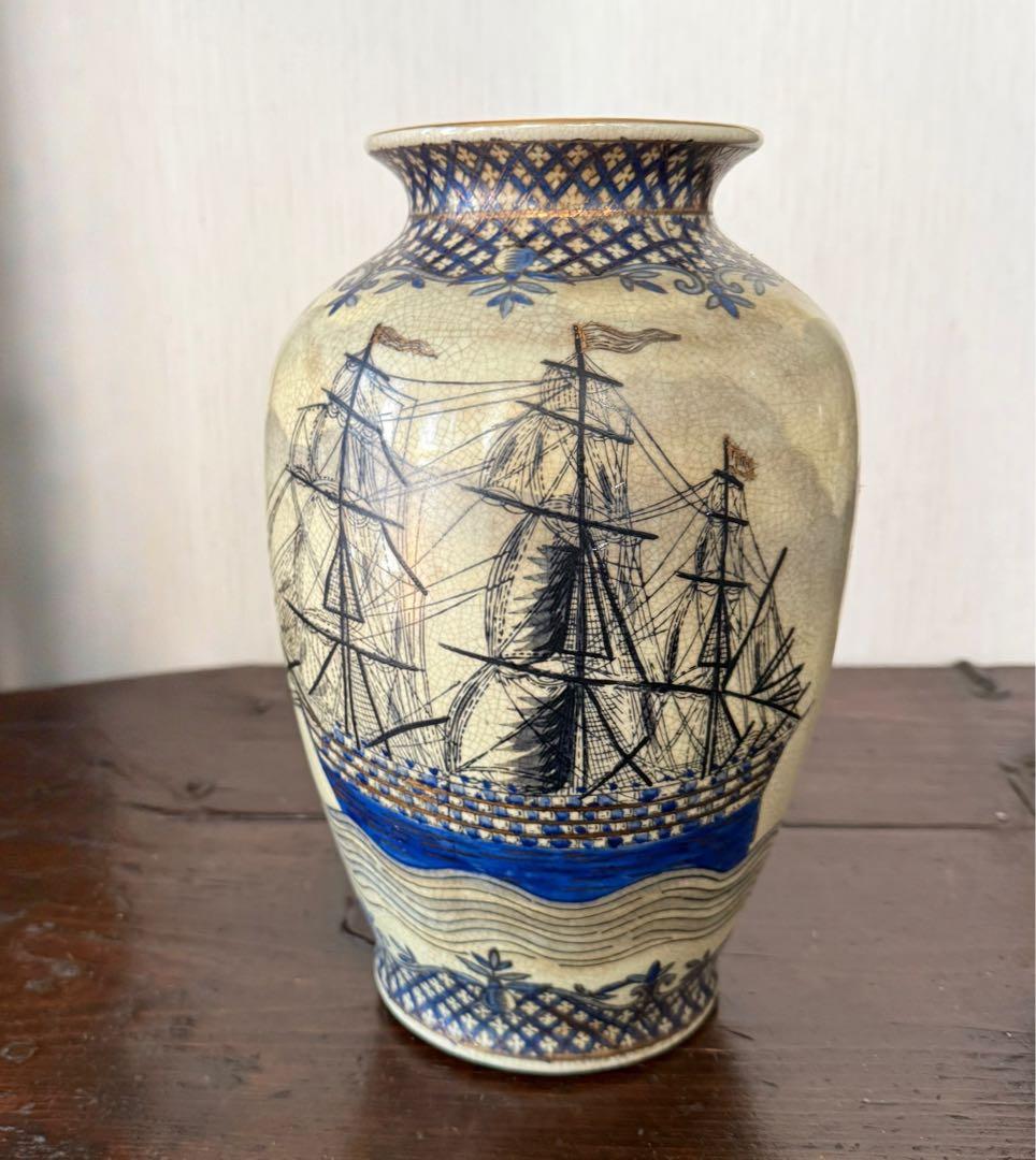 スウェーデン アンティーク花瓶｜帆船図 クラックル釉 北欧ヴィンテージ