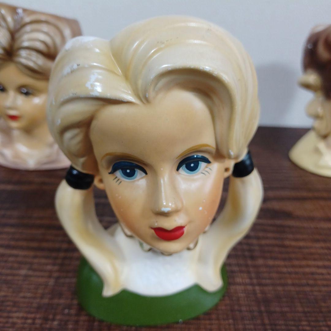 ビンテージ レディヘッドベース 陶器製の置物花瓶　美しい女性　３点セット