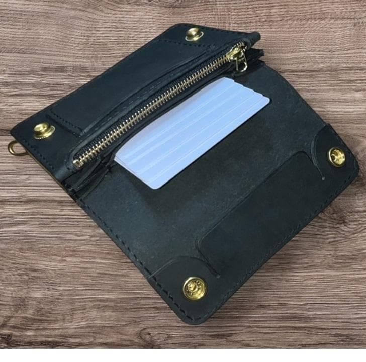 ②ミドルトラッカーウォレット/姫路レザー黒色/ホック真鍮/小判カン真鍮