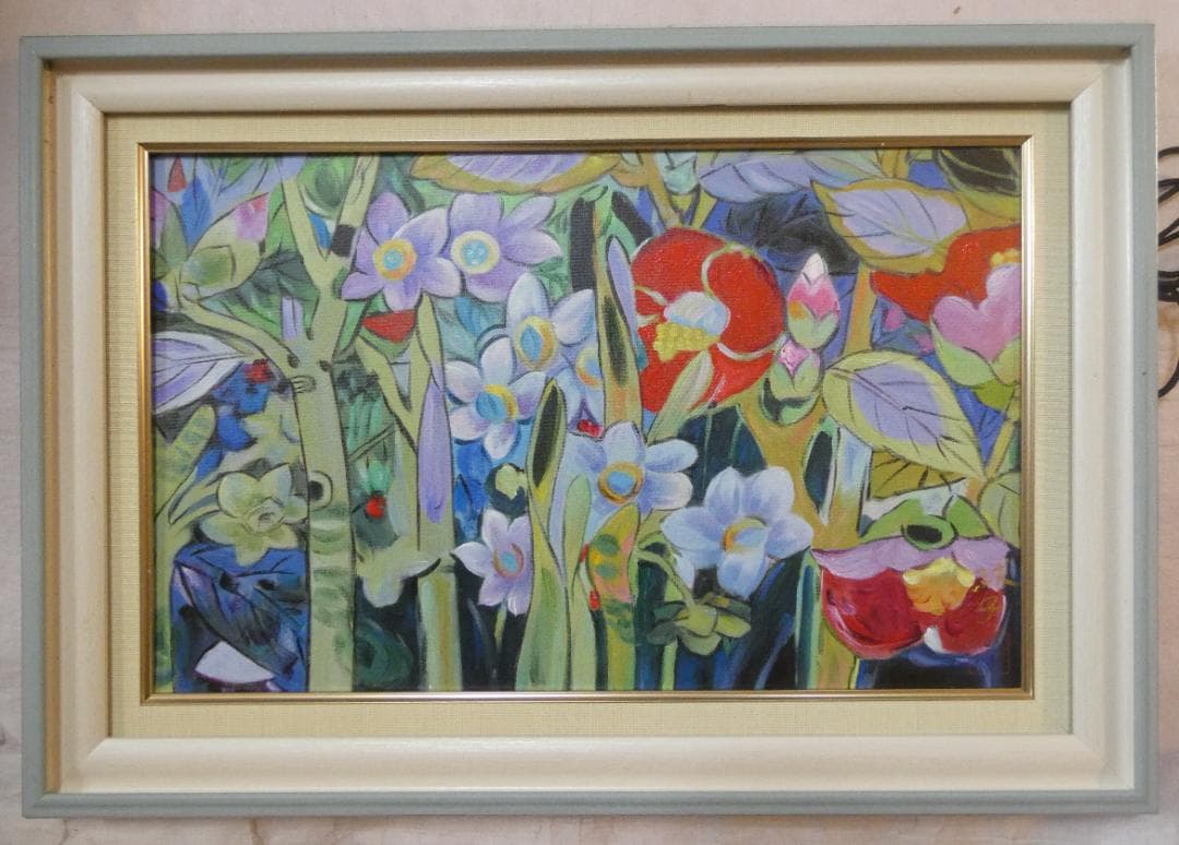 風景画　油絵　片岡球子　M10号　梅　額付き　手描き　肉筆