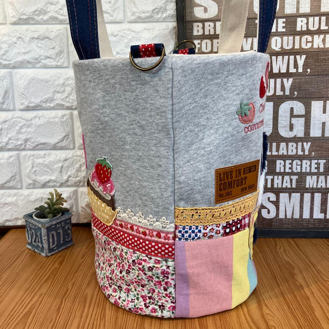 ハンドメイドバックデニムリメイクパッチワーク丸底バケツトートバック2way