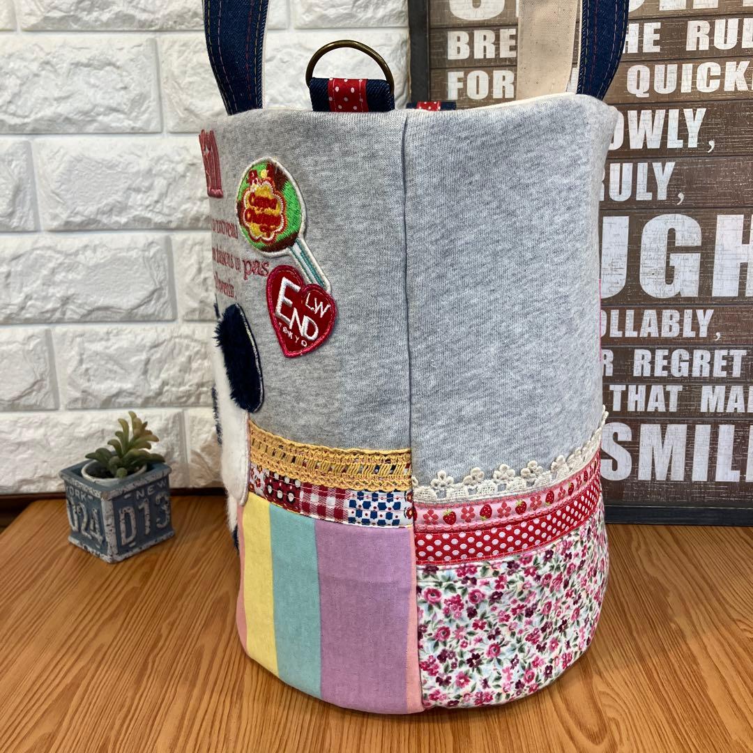 ハンドメイドバックデニムリメイクパッチワーク丸底バケツトートバック2way
