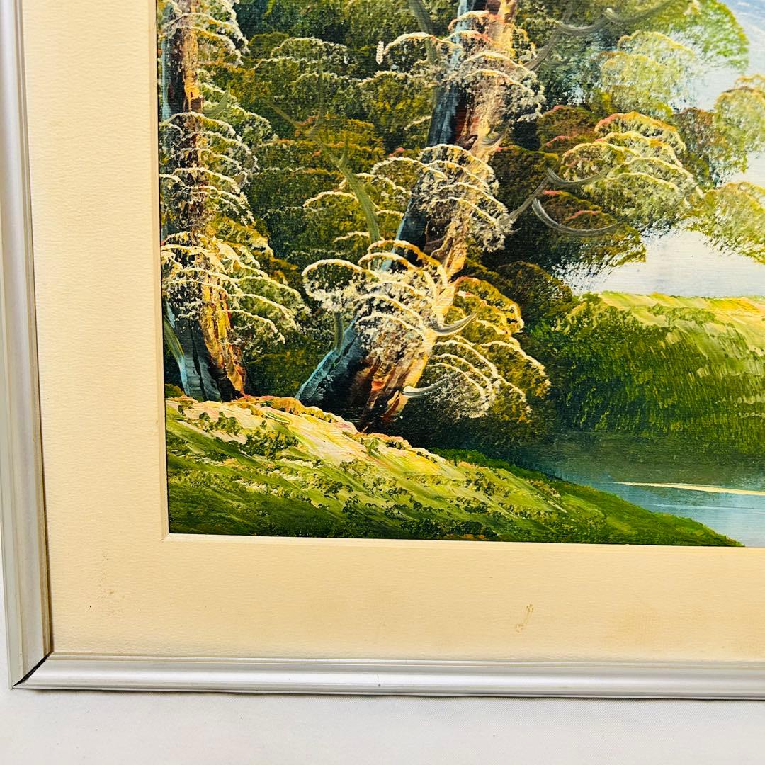 【風景画 油彩画 】雪がかった山々と木々　シルバーのフレーム付き