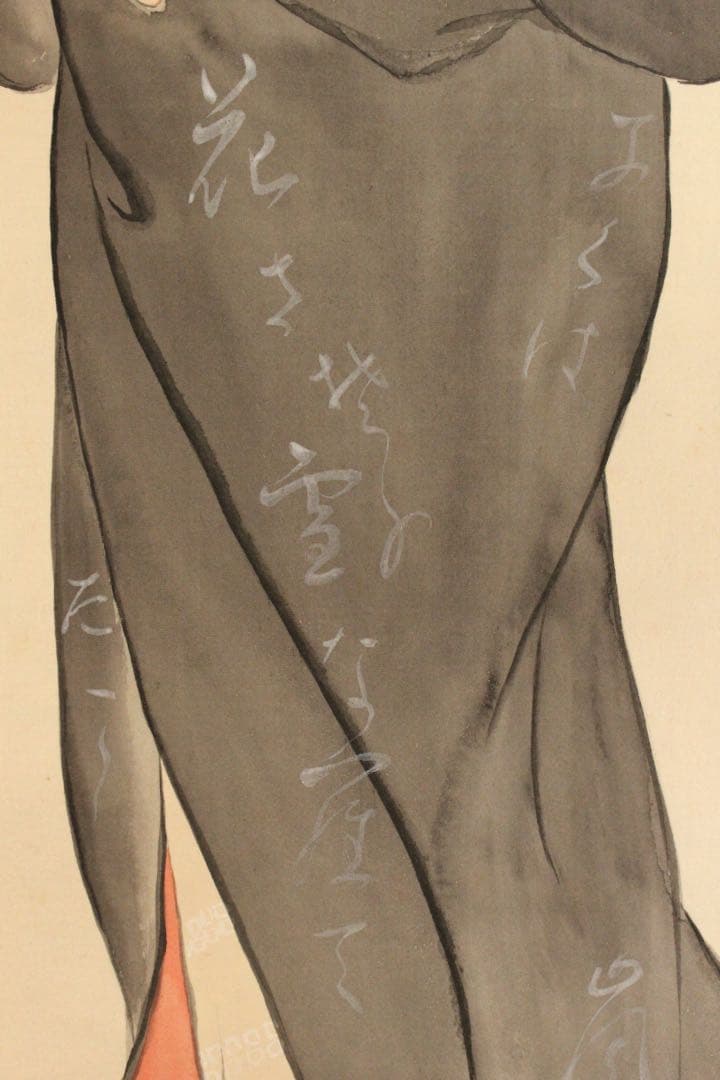No4485 掛軸　在銘　松泉　元禄美人図　着色絹本　人物画　古美術　送料無料