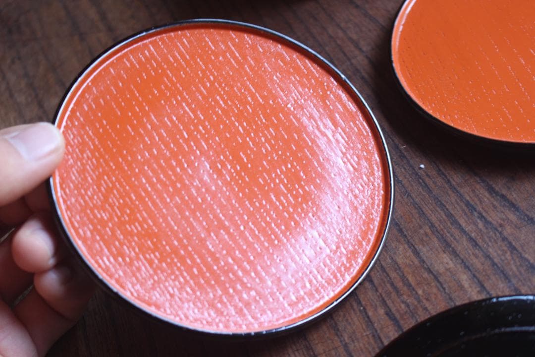 デッドストック！堅牢木地に極上日の出塗の美しい小皿5点（検京塗山中塗菓子皿銘々皿