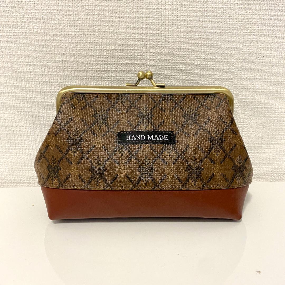アンティーク風 がま口 ショルダー ブラウン×柄切替 ポーチセット 合皮